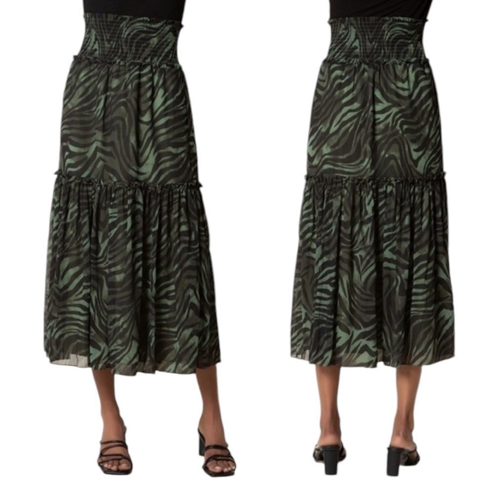 NWT Joni Green Zebra Print Smocked High Waisted Tiered Midi Skirt, Size S